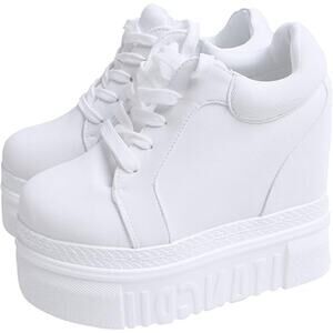 New Ace Shock Womens Size 7.5 White Canvas Hidden 5" Heel Wedge Platform Shoes